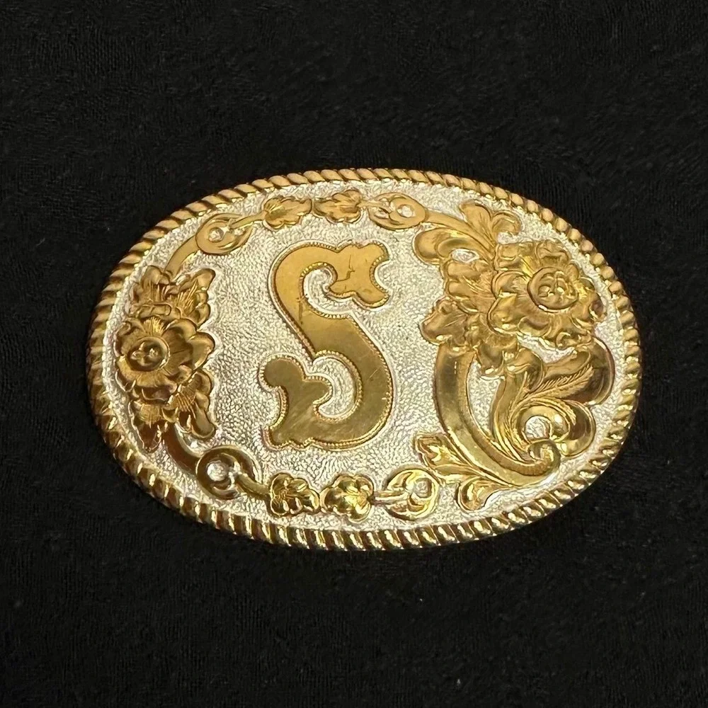 Crumrine Belt Buckle Silver Plate Jewelers Bronze Initial S Floral Western Oval